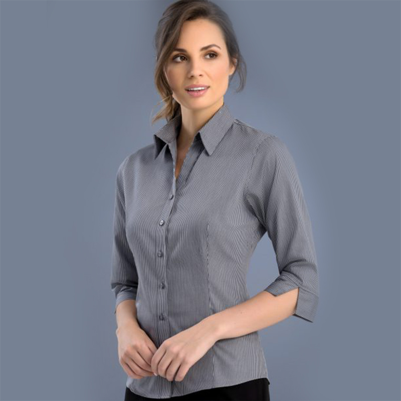 Womens Pinstripe Shirt Slim Fit 3/4 Sleeve